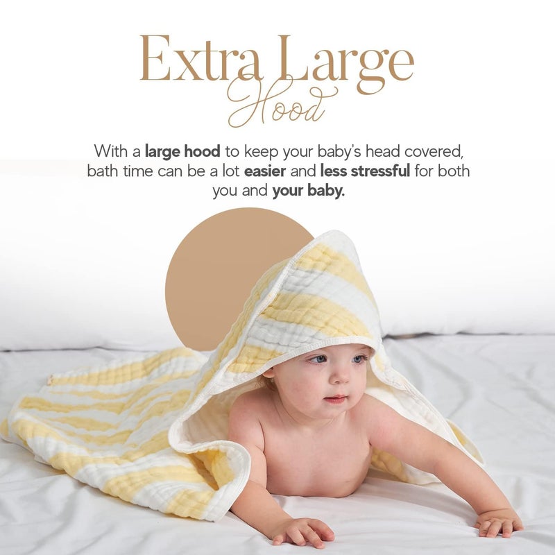 HardNok 4-Pack Muslin Hooded Baby Bath Towel Set - 100% Organic Cotton, (2) 6-Layer 32x32 Towels & (2) Washcloths, Newborn & Infant Gift Set (Yellow Striped & White) - Image 2
