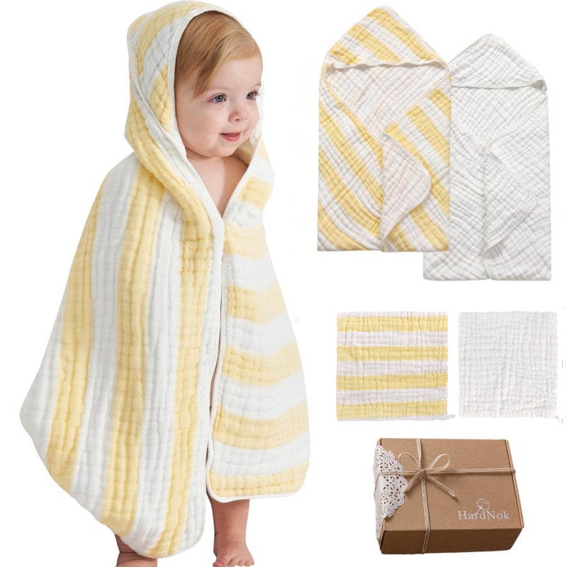 HardNok 4-Pack Muslin Hooded Baby Bath Towel Set - 100% Organic Cotton, (2) 6-Layer 32x32 Towels & (2) Washcloths, Newborn & Infant Gift Set (Yellow Striped & White) - Image 1