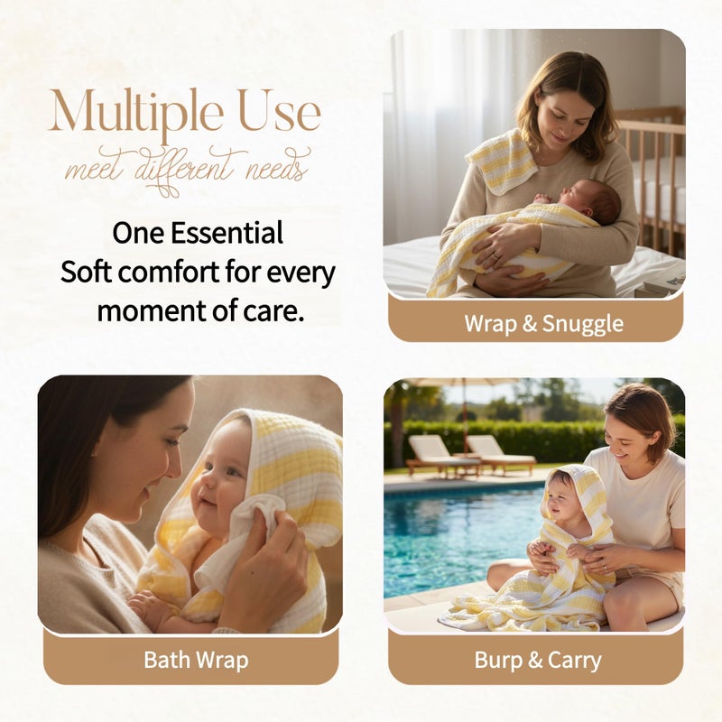 HardNok 4-Pack Muslin Hooded Baby Bath Towel Set - 100% Organic Cotton, (2) 6-Layer 32x32 Towels & (2) Washcloths, Newborn & Infant Gift Set (Yellow Striped & White) - Image 5