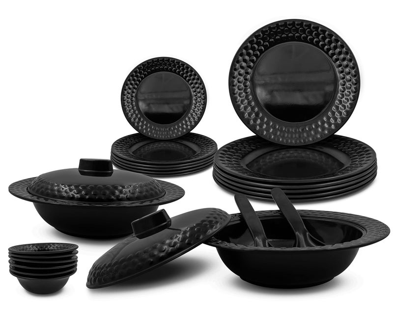 Konvio Kitchen Black Melamine Unbreakable Dinner Set Collection Plates Bowl and Spoons (22 Pieces, Rich Black) - Image 1