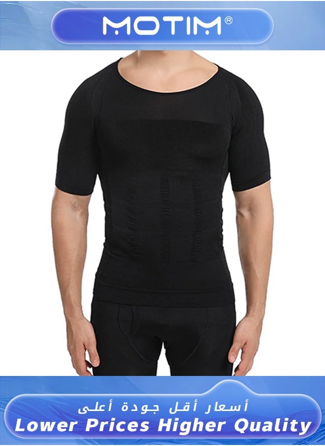 Motim - Men Slimming Body Shaper Vest Tank Top Workout Shirt Tummy Control Thermal Compression Base Layer abs abdomen Slim Muscle Short Sleeve Shapewear for Fitness-Black XL - Image 1