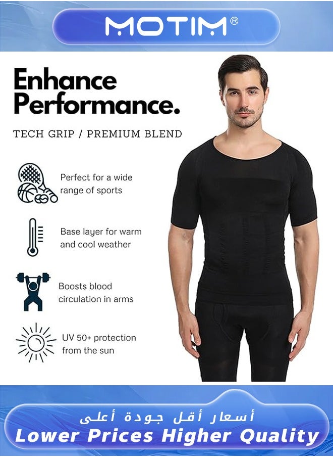 Motim - Men Slimming Body Shaper Vest Tank Top Workout Shirt Tummy Control Thermal Compression Base Layer abs abdomen Slim Muscle Short Sleeve Shapewear for Fitness-Black XL - Image 1