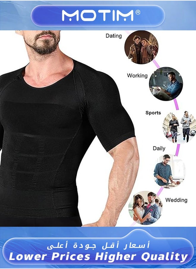 Motim - Men Slimming Body Shaper Vest Tank Top Workout Shirt Tummy Control Thermal Compression Base Layer abs abdomen Slim Muscle Short Sleeve Shapewear for Fitness-Black XL - Image 1