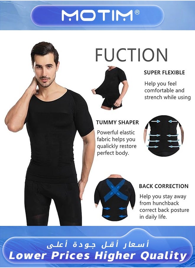 Motim - Men Slimming Body Shaper Vest Tank Top Workout Shirt Tummy Control Thermal Compression Base Layer abs abdomen Slim Muscle Short Sleeve Shapewear for Fitness-Black XL - Image 1