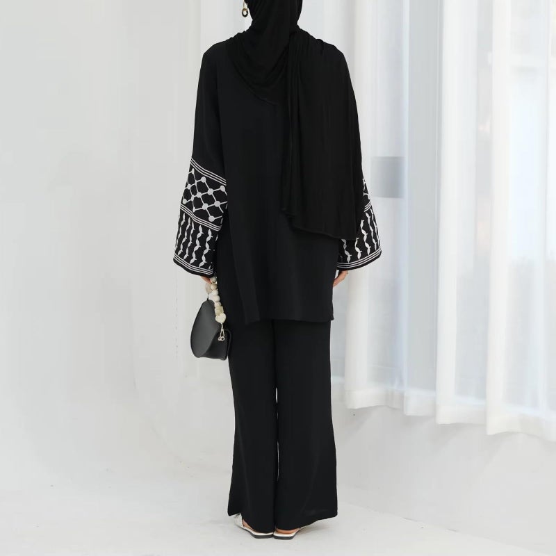 ODIZLI Muslim Women Clothing Long Top Dress Wide Leg Pants Abaya Dress For Women Islamic Dubai Dress Kaftan Abayas Checkered Shirt Islamic Abaya Casual Prayer Clothes Ramadan Eid Sets With Pockets Black M/L - Image 4
