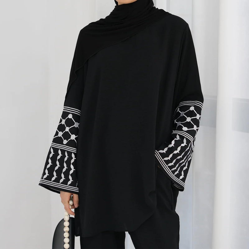 ODIZLI Muslim Women Clothing Long Top Dress Wide Leg Pants Abaya Dress For Women Islamic Dubai Dress Kaftan Abayas Checkered Shirt Islamic Abaya Casual Prayer Clothes Ramadan Eid Sets With Pockets Black M/L - Image 5
