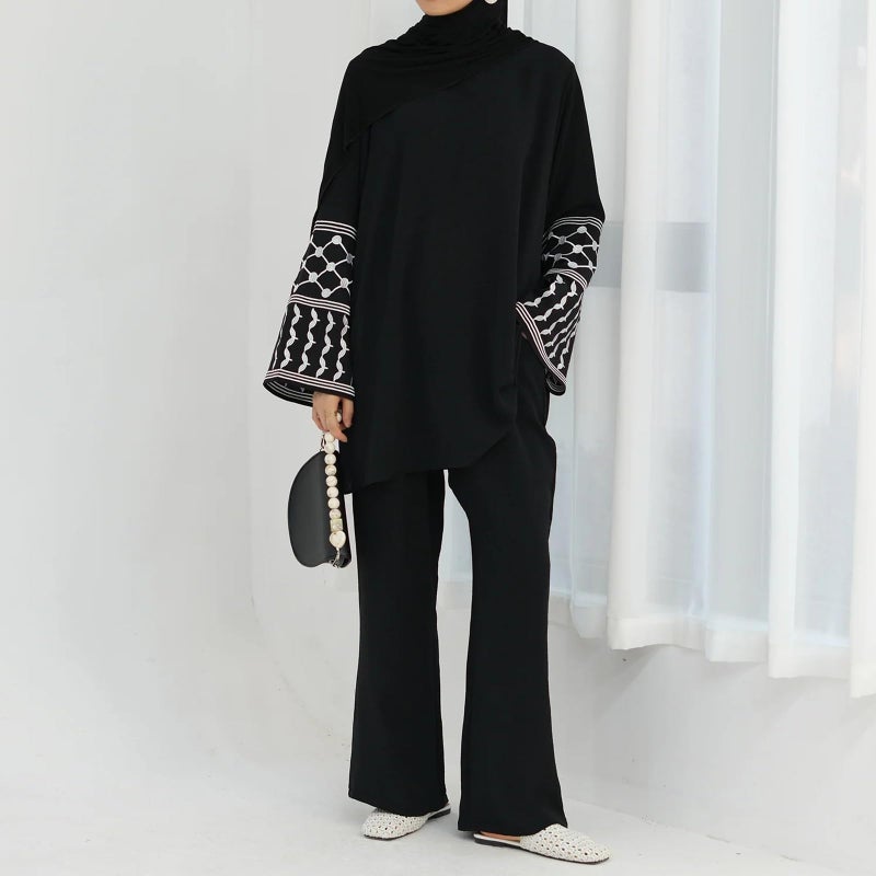 ODIZLI Muslim Women Clothing Long Top Dress Wide Leg Pants Abaya Dress For Women Islamic Dubai Dress Kaftan Abayas Checkered Shirt Islamic Abaya Casual Prayer Clothes Ramadan Eid Sets With Pockets Black M/L - Image 3