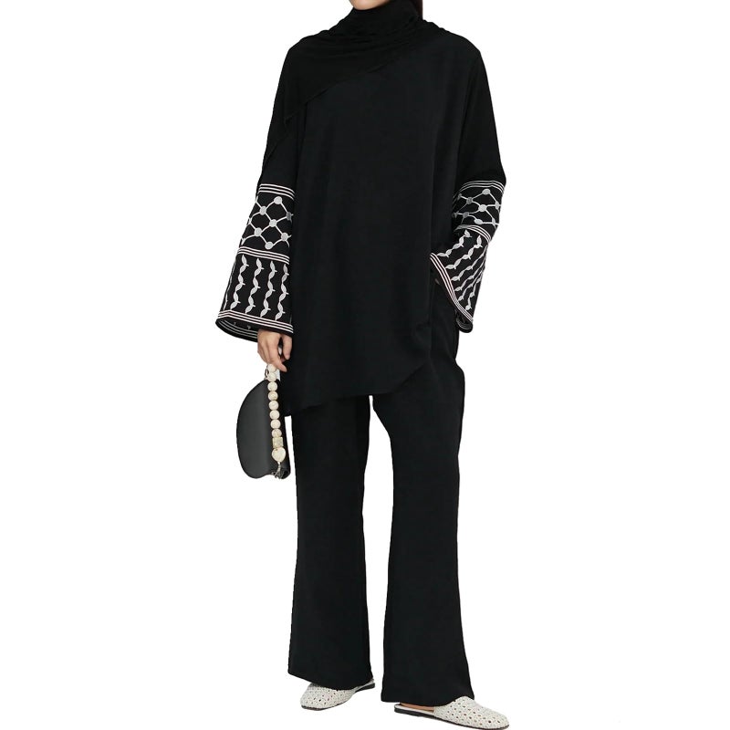 ODIZLI Muslim Women Clothing Long Top Dress Wide Leg Pants Abaya Dress For Women Islamic Dubai Dress Kaftan Abayas Checkered Shirt Islamic Abaya Casual Prayer Clothes Ramadan Eid Sets With Pockets Black M/L - Image 1