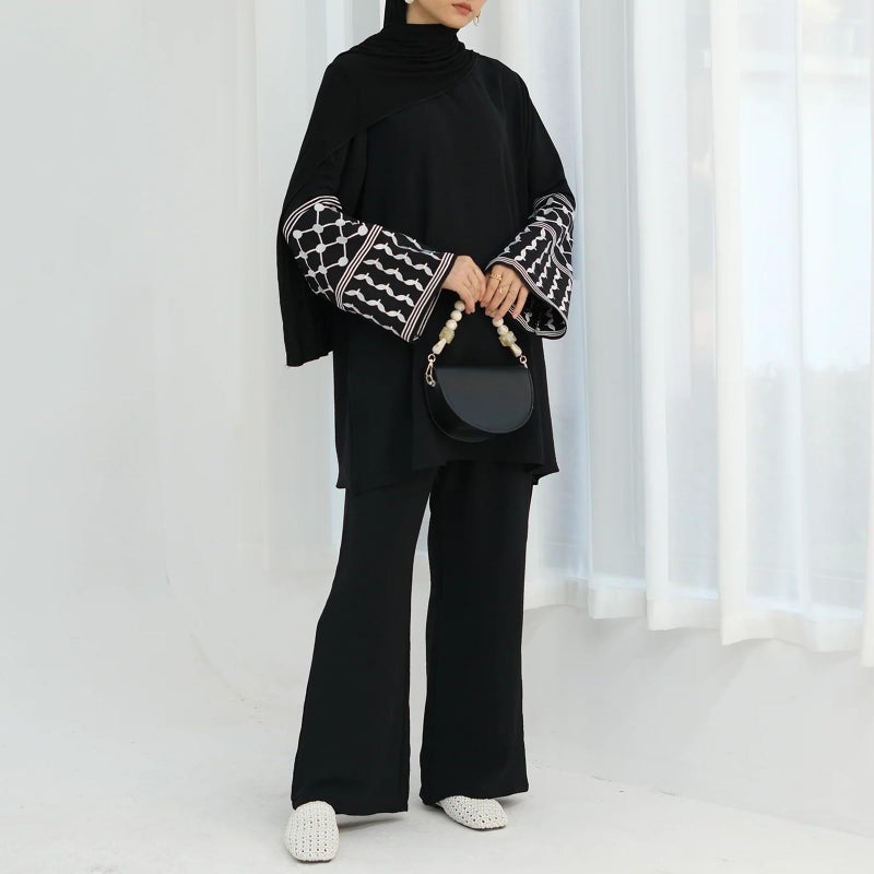 ODIZLI Muslim Women Clothing Long Top Dress Wide Leg Pants Abaya Dress For Women Islamic Dubai Dress Kaftan Abayas Checkered Shirt Islamic Abaya Casual Prayer Clothes Ramadan Eid Sets With Pockets Black M/L - Image 2