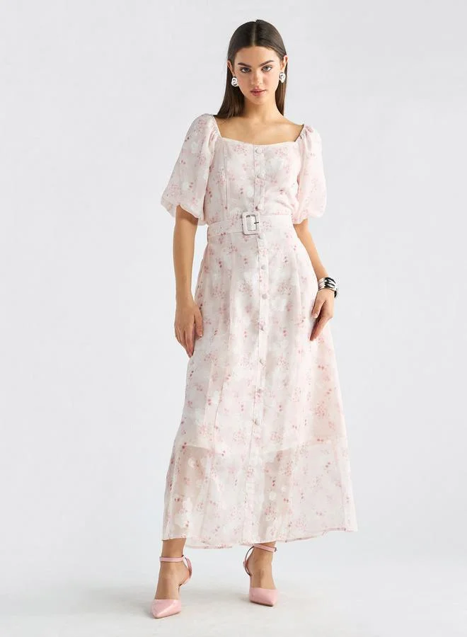 سبلاش فيڤ فستان قميص بأكمام قصيرة وياقة مربعة وطبعات أزهار وحزام