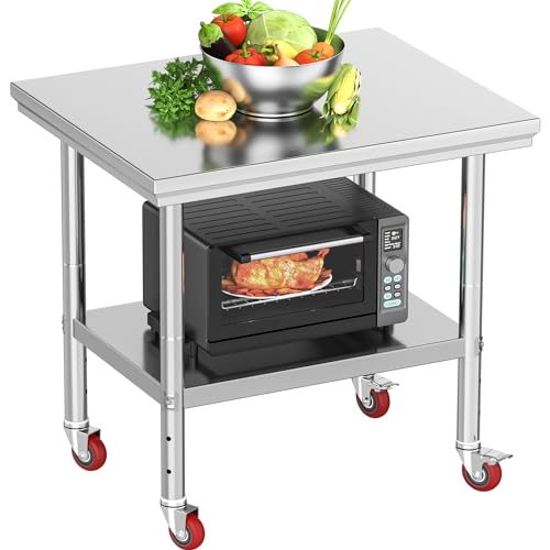 YITAHOME NSF Stainless Steel Table 30 X 24 Work Table with Wheels 2 Shelves Metal Prep Worktable for Home Kitchen Restaurant Garage Warehouse Outdoor