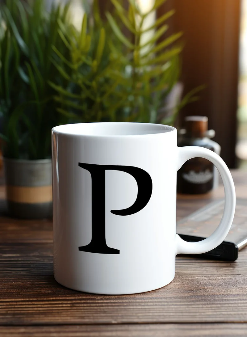 LOWHA 11 oz Ceramic Mug with Letter P Design on Both Sides