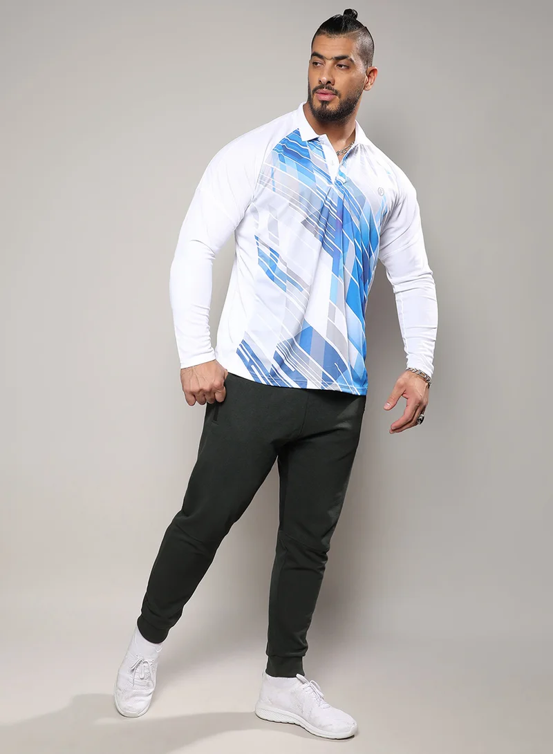 Instafab Plus Instafab Plus Men's White & Blue Contrast Print Activewear T-Shirt For Casual Wear | Spread Collar | Long Sleeve | Pull On Closure | Jersey T-Shirt Crafted With Comfort Fit For Everyday Wear