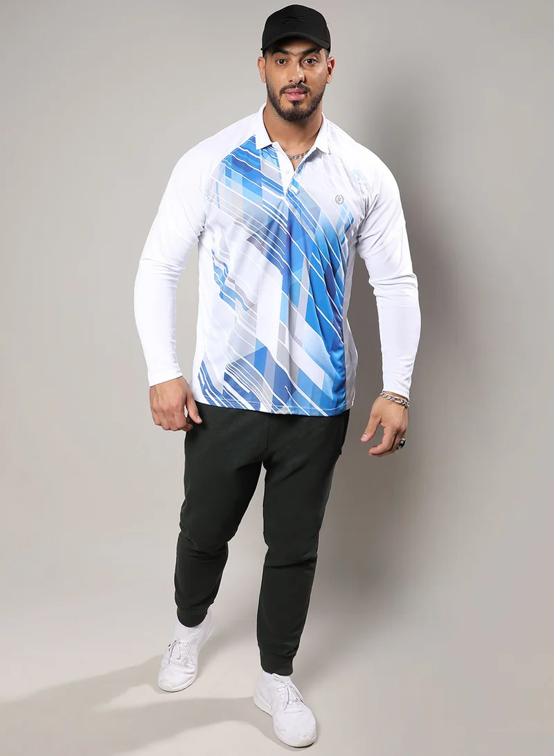 Instafab Plus Instafab Plus Men's White & Blue Contrast Print Activewear T-Shirt For Casual Wear | Spread Collar | Long Sleeve | Pull On Closure | Jersey T-Shirt Crafted With Comfort Fit For Everyday Wear