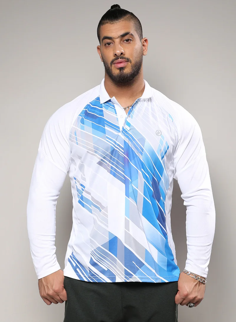Instafab Plus Instafab Plus Men's White & Blue Contrast Print Activewear T-Shirt For Casual Wear | Spread Collar | Long Sleeve | Pull On Closure | Jersey T-Shirt Crafted With Comfort Fit For Everyday Wear