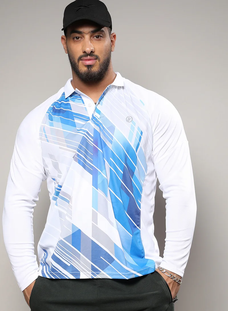 Instafab Plus Instafab Plus Men's White & Blue Contrast Print Activewear T-Shirt For Casual Wear | Spread Collar | Long Sleeve | Pull On Closure | Jersey T-Shirt Crafted With Comfort Fit For Everyday Wear