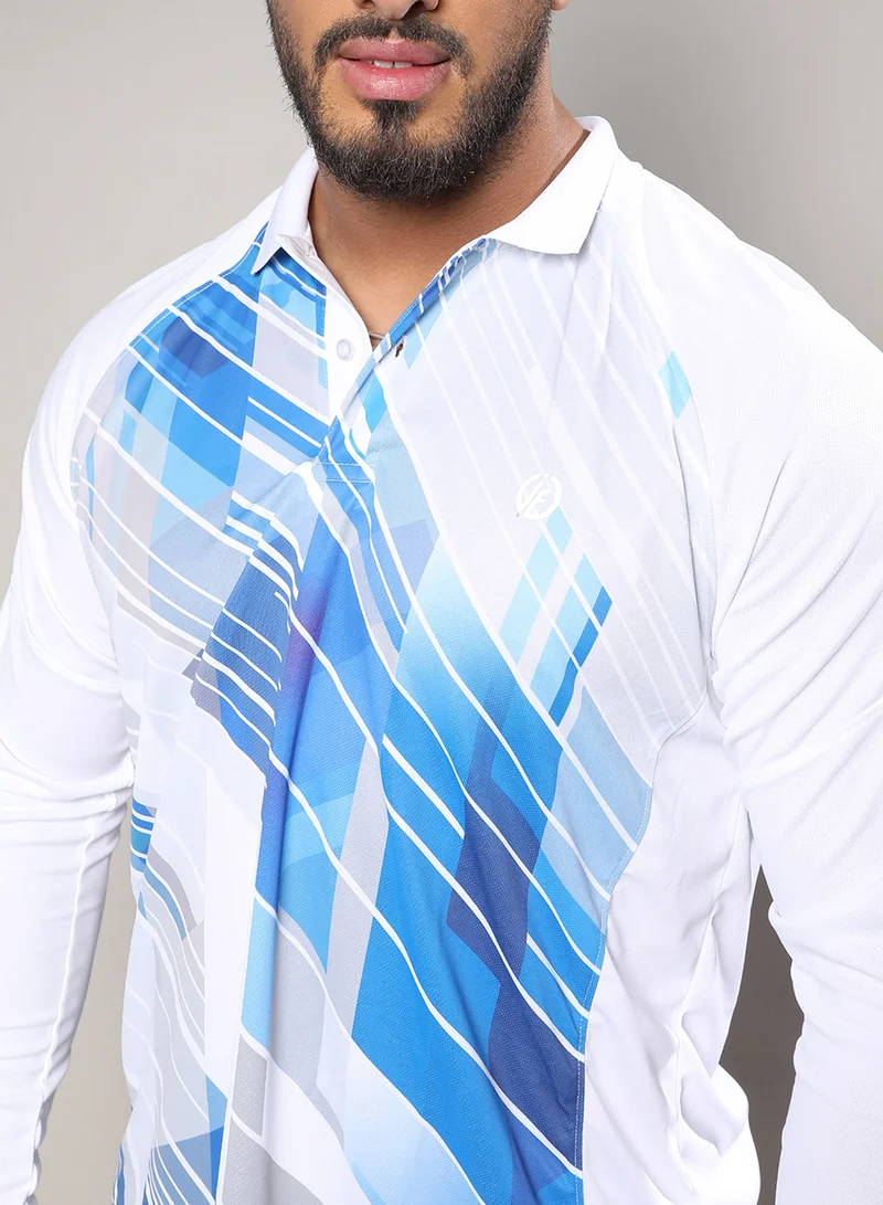 Instafab Plus Instafab Plus Men's White & Blue Contrast Print Activewear T-Shirt For Casual Wear | Spread Collar | Long Sleeve | Pull On Closure | Jersey T-Shirt Crafted With Comfort Fit For Everyday Wear