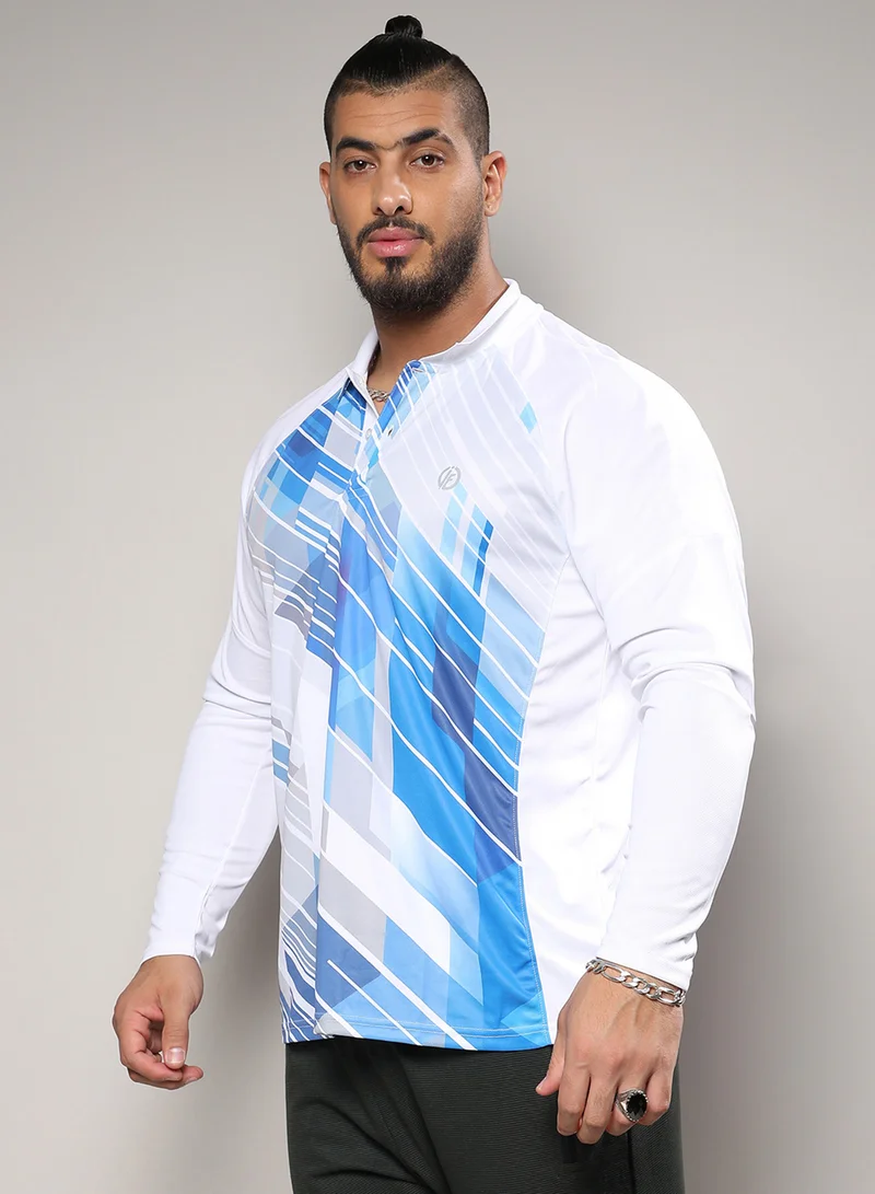 Instafab Plus Instafab Plus Men's White & Blue Contrast Print Activewear T-Shirt For Casual Wear | Spread Collar | Long Sleeve | Pull On Closure | Jersey T-Shirt Crafted With Comfort Fit For Everyday Wear
