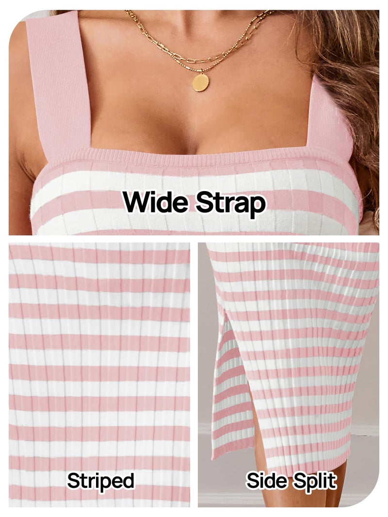 MEROKEETY Women's 2025 Summer Bodycon Midi Dress Vacation Sleeveless Ribbed Knit Striped Sweater Dresses, Dustypink, S - Image 5