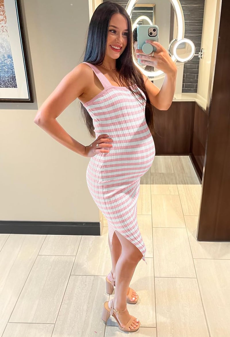 MEROKEETY Women's 2025 Summer Bodycon Midi Dress Vacation Sleeveless Ribbed Knit Striped Sweater Dresses, Dustypink, S - Image 4