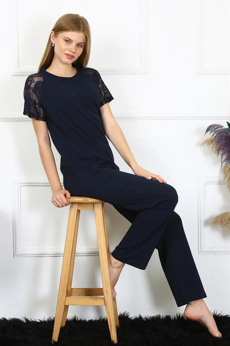 Akbeniz Women's Lace Sleeve Combed Cotton Pajama Set 4150