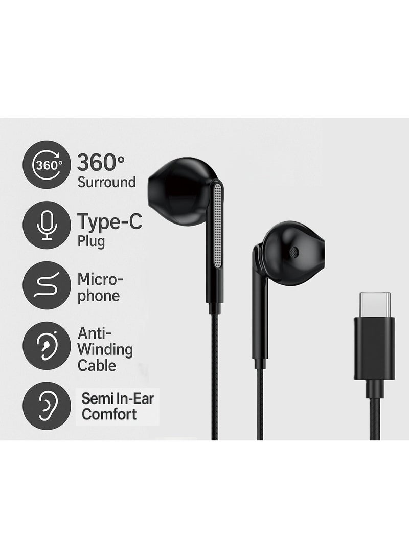 أس بي سماعات أذن سلكية بمنفذ Type-C، صوت ستيريو محيطي، ميكروفون مدمج، كابل مقاوم للتشابك، مناسبة للهواتف الداعمة للتايب سي - Image 2