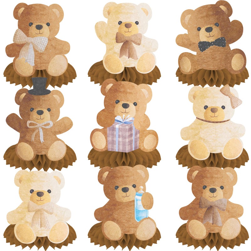 umoni 9pcs Teddy Bear Honeycomb Centerpieces Teddy Bear Birthday Decorations Bear Themed Table Decorations for Kids Teddy Bear Themed Birthday Party Gender Reveal Party Supplies - Image 2