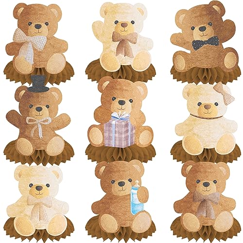 umoni 9pcs Teddy Bear Honeycomb Centerpieces Teddy Bear Birthday Decorations Bear Themed Table Decorations for Kids Teddy Bear Themed Birthday Party Gender Reveal Party Supplies - Image 1