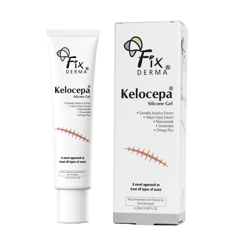 Fixderma Kelocepa Silicone Gel for Scars with Allium Cepa Niacinamide  Omega Plus  Fades Surgical Scars Injuries Scar Burns  Acne Scars with Advanced Scar Healing Formula  Suitable for All Skin Types  25 ml - Image 1