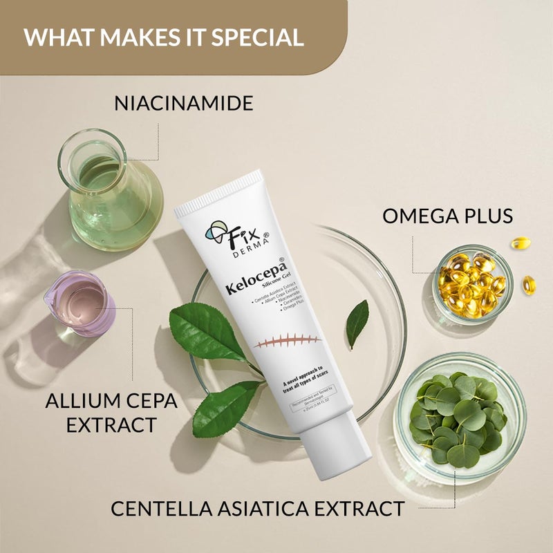 Fixderma Kelocepa Silicone Gel for Scars with Allium Cepa Niacinamide  Omega Plus  Fades Surgical Scars Injuries Scar Burns  Acne Scars with Advanced Scar Healing Formula  Suitable for All Skin Types  25 ml - Image 2
