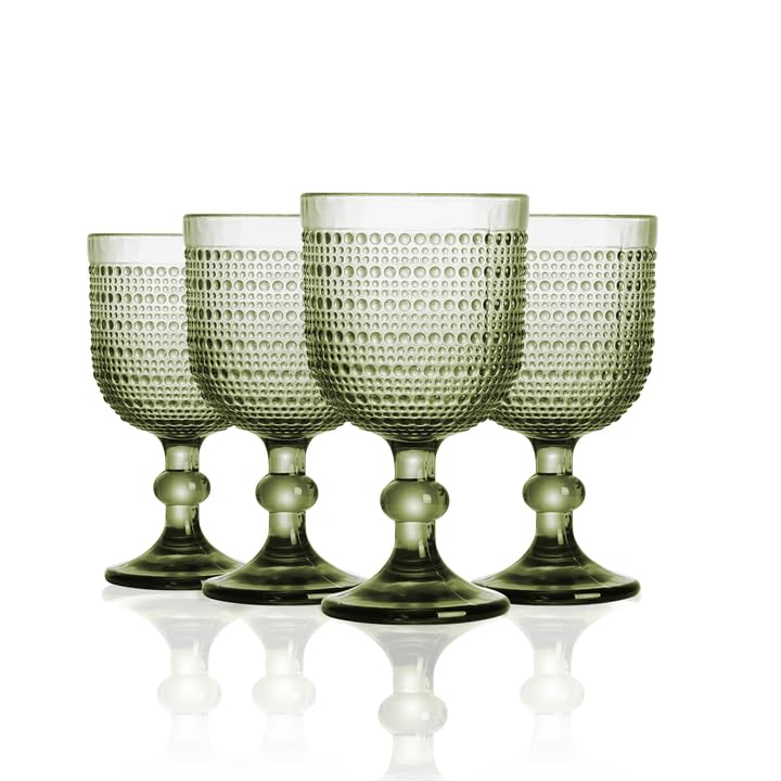 GOROGILE 12 oz Green Vintage Wine Glasses,Hobnail Drinking Glasses Set of 4,Embossed Goblet Glasses for Wedding,Party, Dinner,Bar - Image 1