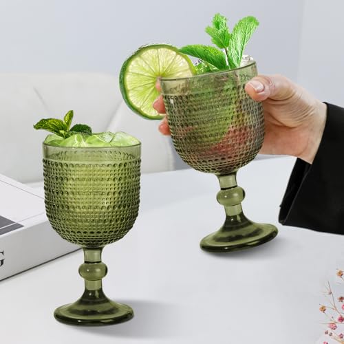 GOROGILE 12 oz Green Vintage Wine Glasses,Hobnail Drinking Glasses Set of 4,Embossed Goblet Glasses for Wedding,Party, Dinner,Bar - Image 5