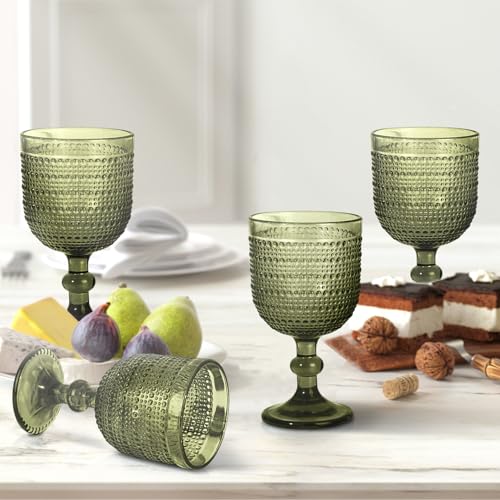 GOROGILE 12 oz Green Vintage Wine Glasses,Hobnail Drinking Glasses Set of 4,Embossed Goblet Glasses for Wedding,Party, Dinner,Bar - Image 3