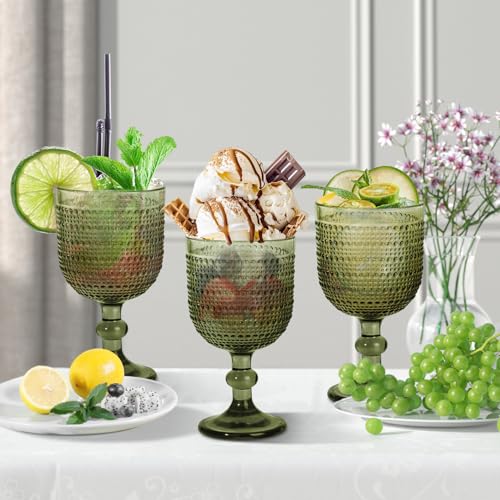 GOROGILE 12 oz Green Vintage Wine Glasses,Hobnail Drinking Glasses Set of 4,Embossed Goblet Glasses for Wedding,Party, Dinner,Bar - Image 4