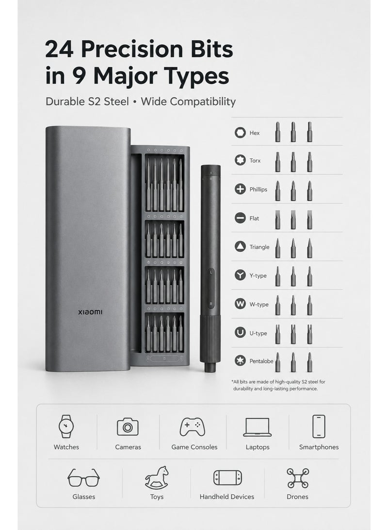 Xiaomi Electric Precision Screwdriver Kit, Rechargeable Cordless Screwdriver Set With 24 S2 Steel Magnetic Bits, 2-Speed Adjustable Torque, USB-C Charging, Phone Laptop Camera Watch Electronics Repair Tool, Grey - Image 2