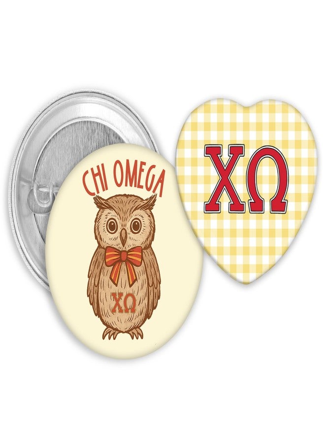 SCRAPHEART Chi Omega Button Pin Set, Cute Owl Mascot Pin & Yellow Gingham Heart XO Pin, Sorority Gift Bundle for Bid Day, Sorority Big Little Reveal, College Game Day, Chi O Accessories (2-Pack), Chi Omega Gifts - Image 1