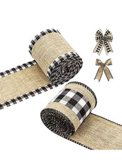 KASTWAVE 2 Rolls Buffalo Plaid Wired Edge Ribbons, Burlap Fabric Craft Ribbon for Wreath Floral Bows Craft Decor,  Fabric Craft Ribbon for DIY Bows Wrapping Decoration (Black, 2.5 x 216 Inch)  - Image 1