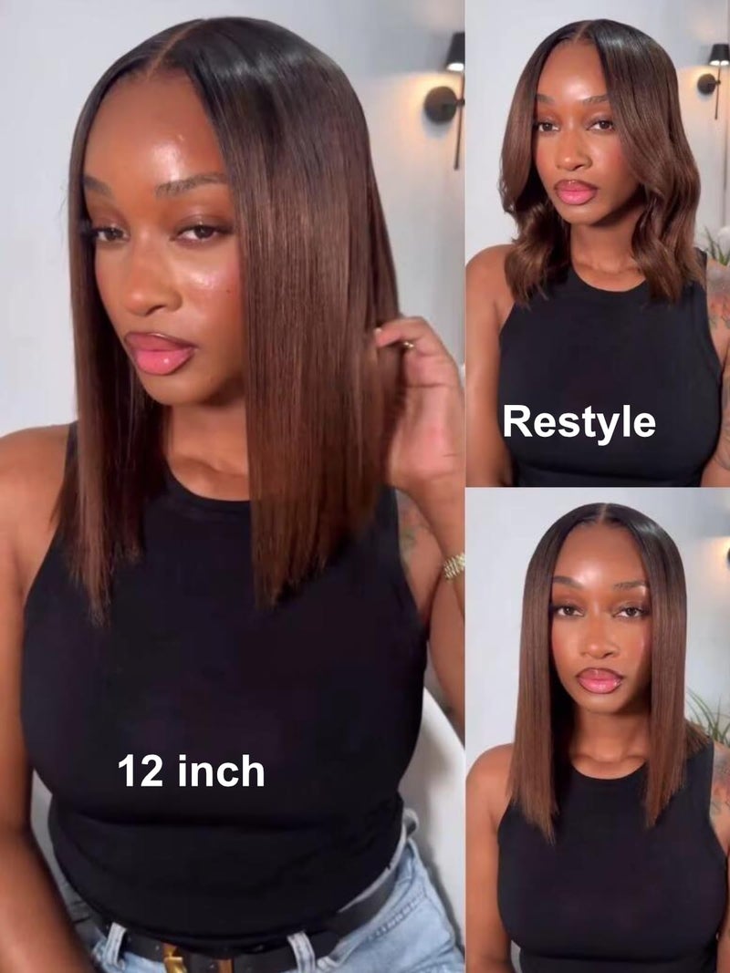 UNICE Bye Bye Knots 7x5 Pre Cut Lace Yaki Straight Bob Wig Chestnut Brown Ombre Human Hair Glueless Wig Pre Plucked Bleached Invisible Knots Natural Hairline 150% Density for Women 12 Inch - Image 2