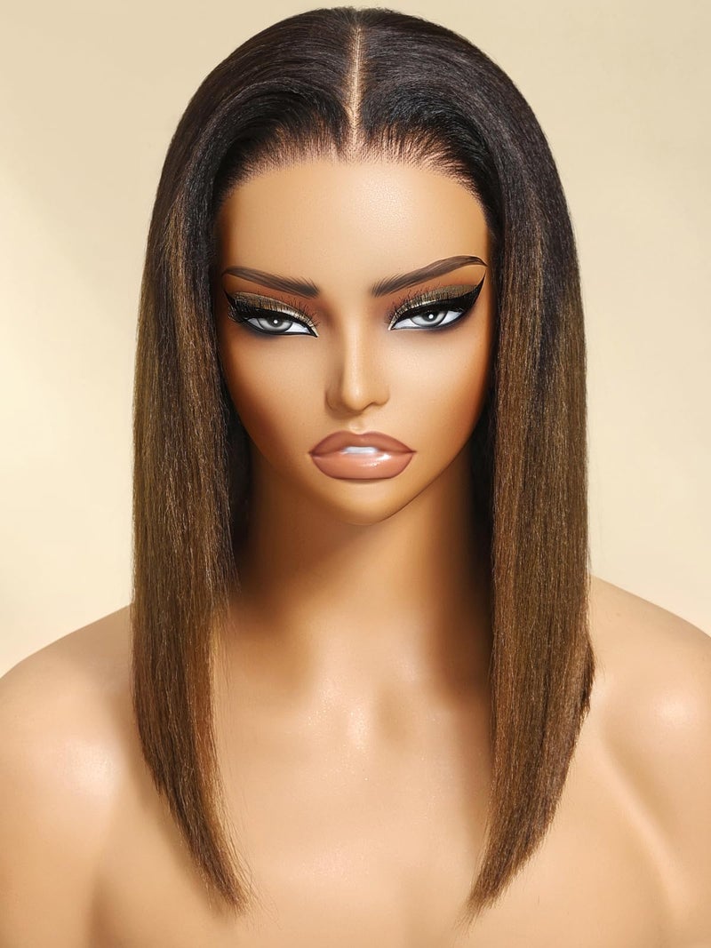UNICE Bye Bye Knots 7x5 Pre Cut Lace Yaki Straight Bob Wig Chestnut Brown Ombre Human Hair Glueless Wig Pre Plucked Bleached Invisible Knots Natural Hairline 150% Density for Women 12 Inch - Image 3