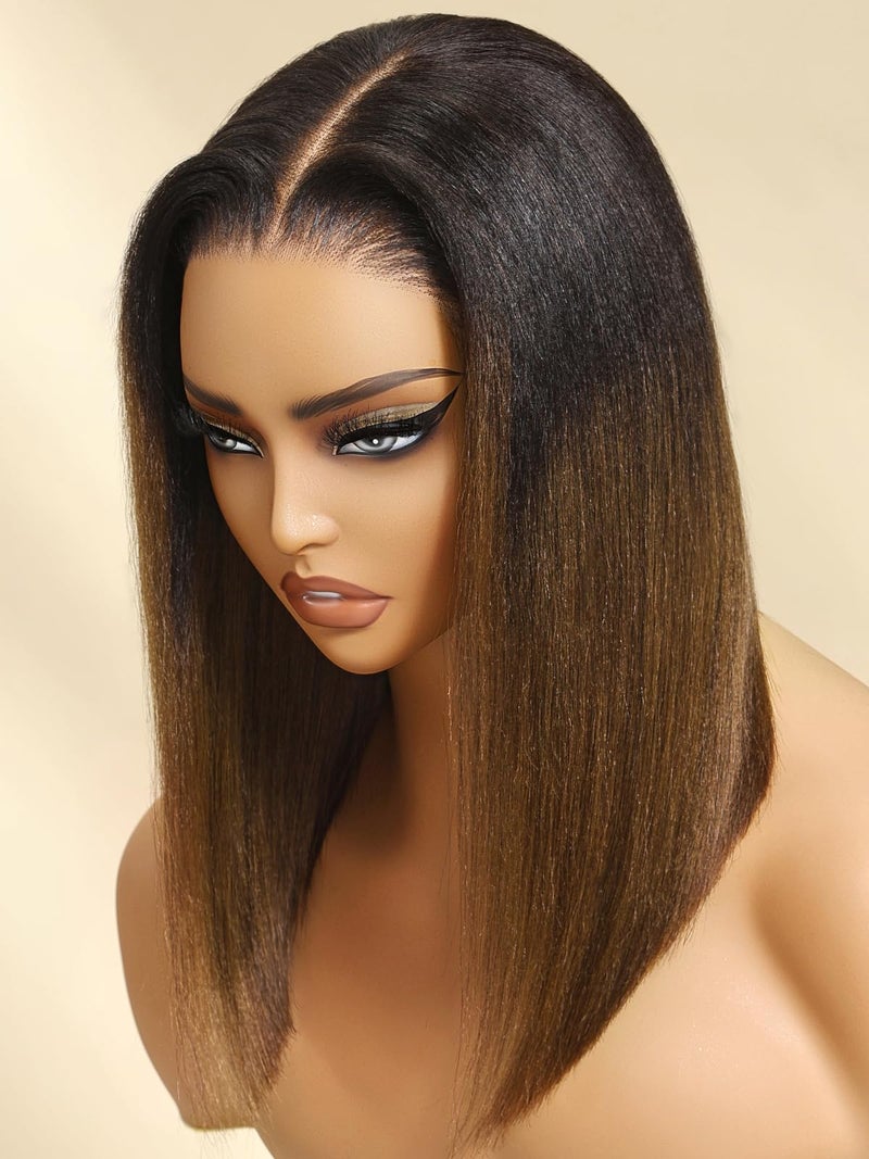 UNICE Bye Bye Knots 7x5 Pre Cut Lace Yaki Straight Bob Wig Chestnut Brown Ombre Human Hair Glueless Wig Pre Plucked Bleached Invisible Knots Natural Hairline 150% Density for Women 12 Inch - Image 4