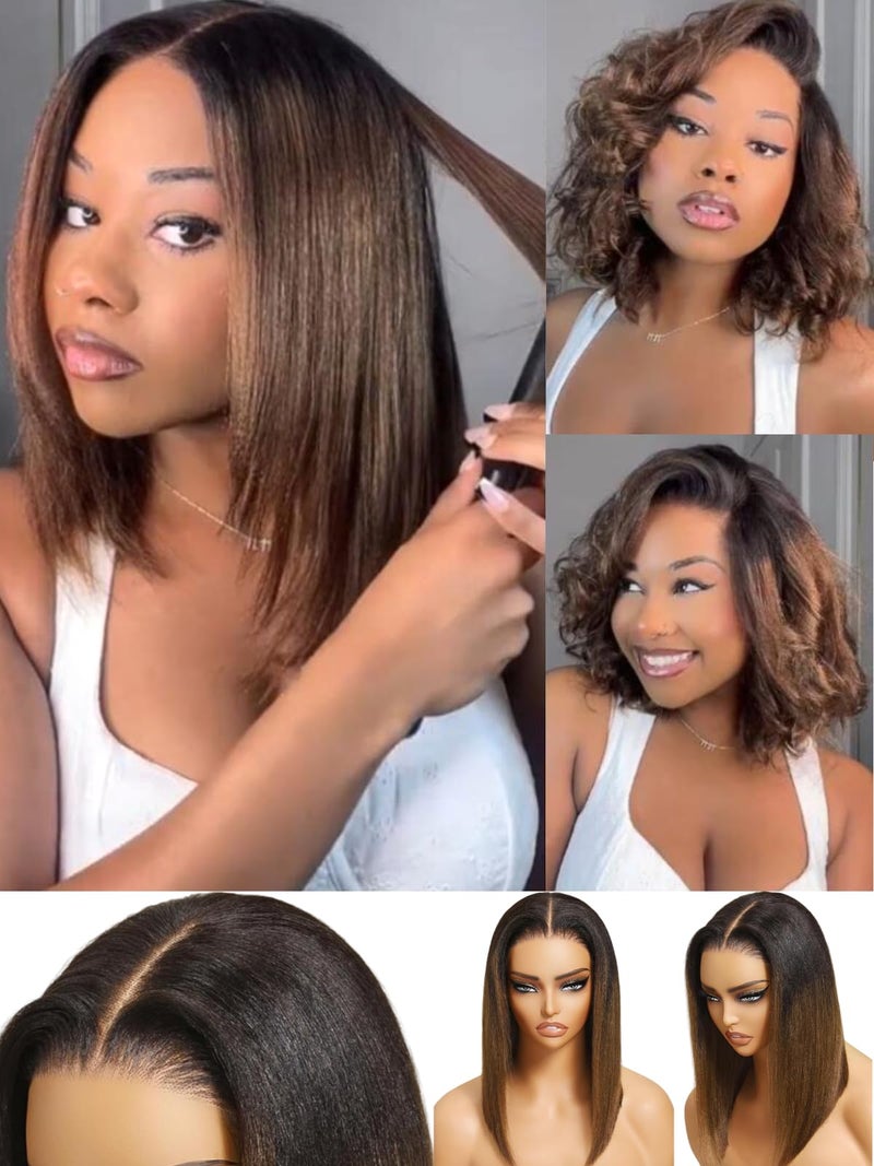 UNICE Bye Bye Knots 7x5 Pre Cut Lace Yaki Straight Bob Wig Chestnut Brown Ombre Human Hair Glueless Wig Pre Plucked Bleached Invisible Knots Natural Hairline 150% Density for Women 12 Inch - Image 1