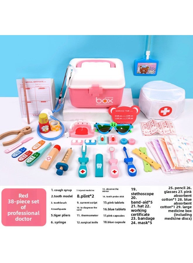 Wooden Set Children's Play House Simulation Medical Kit Role Play Girl Nurse Injection Boy Stethoscope-Color:Red 38 Pieces Occupational Doctor LC - Image 1