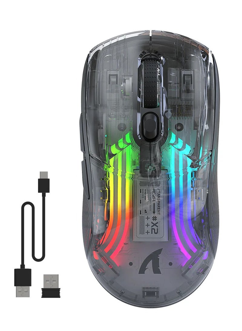 هجوم القرش ماوس ألعاب لاسلكي ثلاثي الأوضاع X2، 2.4 جيجاهرتز/بلوتوث 5.0/USB C سلكي، فأرة ألعاب كمبيوتر مريحة مع غلاف شفاف، PixArt 3212، إضاءة خلفية RGB - نقرة صامتة لنظامي التشغيل Windows وMAC - Image 1