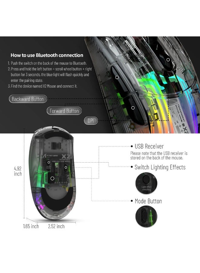 هجوم القرش ماوس ألعاب لاسلكي ثلاثي الأوضاع X2، 2.4 جيجاهرتز/بلوتوث 5.0/USB C سلكي، فأرة ألعاب كمبيوتر مريحة مع غلاف شفاف، PixArt 3212، إضاءة خلفية RGB - نقرة صامتة لنظامي التشغيل Windows وMAC - Image 2