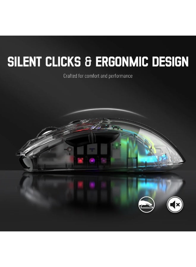 هجوم القرش ماوس ألعاب لاسلكي ثلاثي الأوضاع X2، 2.4 جيجاهرتز/بلوتوث 5.0/USB C سلكي، فأرة ألعاب كمبيوتر مريحة مع غلاف شفاف، PixArt 3212، إضاءة خلفية RGB - نقرة صامتة لنظامي التشغيل Windows وMAC - Image 3