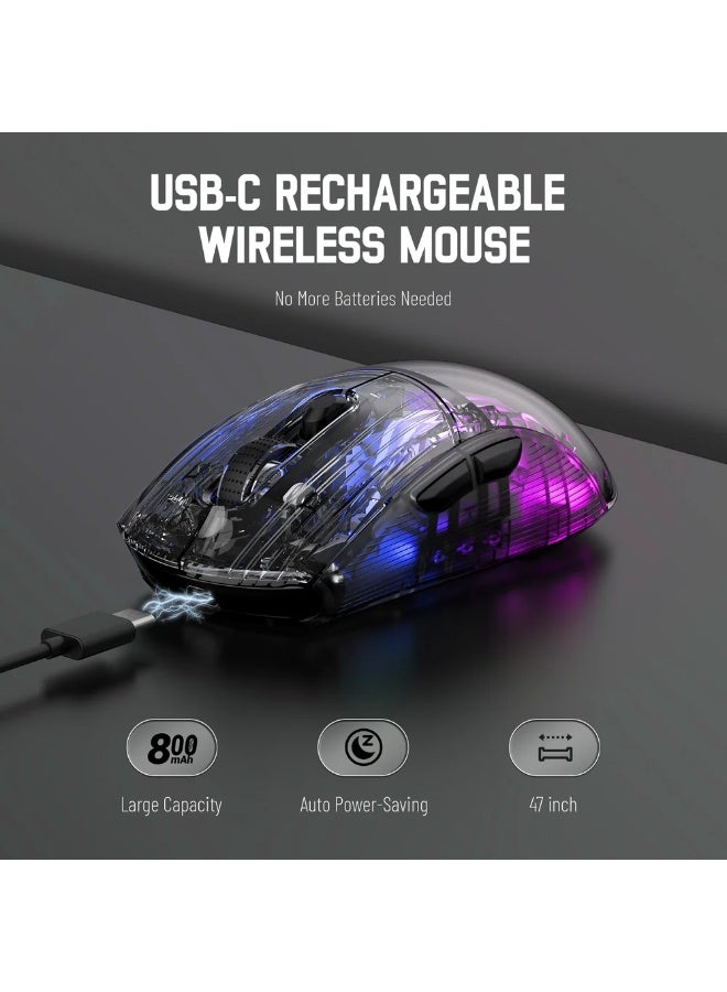 هجوم القرش ماوس ألعاب لاسلكي ثلاثي الأوضاع X2، 2.4 جيجاهرتز/بلوتوث 5.0/USB C سلكي، فأرة ألعاب كمبيوتر مريحة مع غلاف شفاف، PixArt 3212، إضاءة خلفية RGB - نقرة صامتة لنظامي التشغيل Windows وMAC - Image 5