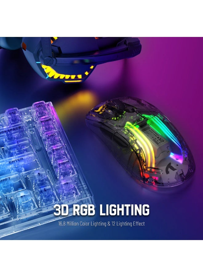 هجوم القرش ماوس ألعاب لاسلكي ثلاثي الأوضاع X2، 2.4 جيجاهرتز/بلوتوث 5.0/USB C سلكي، فأرة ألعاب كمبيوتر مريحة مع غلاف شفاف، PixArt 3212، إضاءة خلفية RGB - نقرة صامتة لنظامي التشغيل Windows وMAC - Image 4