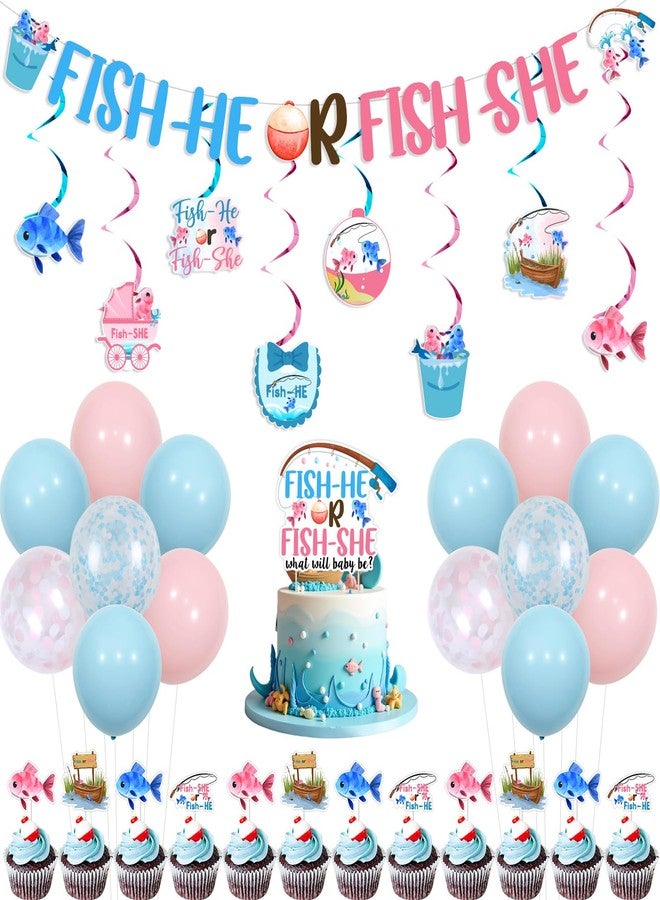 Cheereveal زينة حفلات الكشف عن جنس المولود من Cheereveal Fishing، سمكة هو أو سمكة هي، ماذا سيكون شكل الطفل، كعكة لافتة، زينة كب كيك، لوازم حفلات استقبال المولود من Gone Fishing بالونات وردية وزرقاء - Image 1
