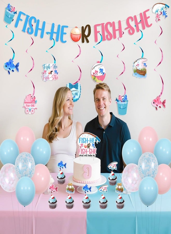 Cheereveal زينة حفلات الكشف عن جنس المولود من Cheereveal Fishing، سمكة هو أو سمكة هي، ماذا سيكون شكل الطفل، كعكة لافتة، زينة كب كيك، لوازم حفلات استقبال المولود من Gone Fishing بالونات وردية وزرقاء - Image 4