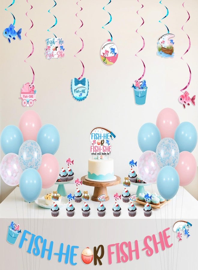 Cheereveal زينة حفلات الكشف عن جنس المولود من Cheereveal Fishing، سمكة هو أو سمكة هي، ماذا سيكون شكل الطفل، كعكة لافتة، زينة كب كيك، لوازم حفلات استقبال المولود من Gone Fishing بالونات وردية وزرقاء - Image 2